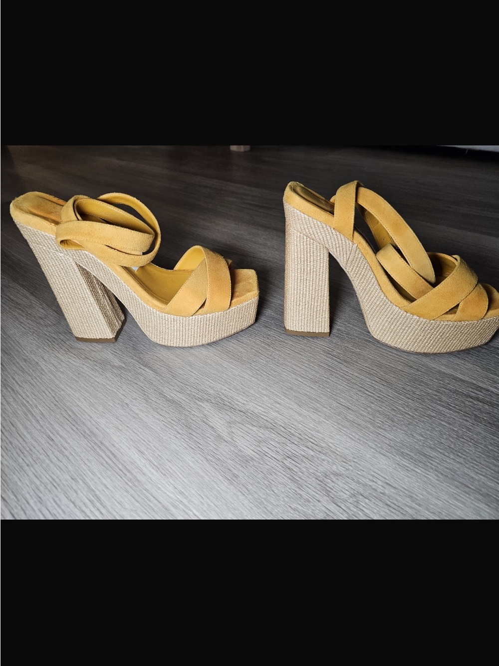 Jimmy Choo Mustard Suede Platform Block Heel Sandals - Picture 5 of 10
